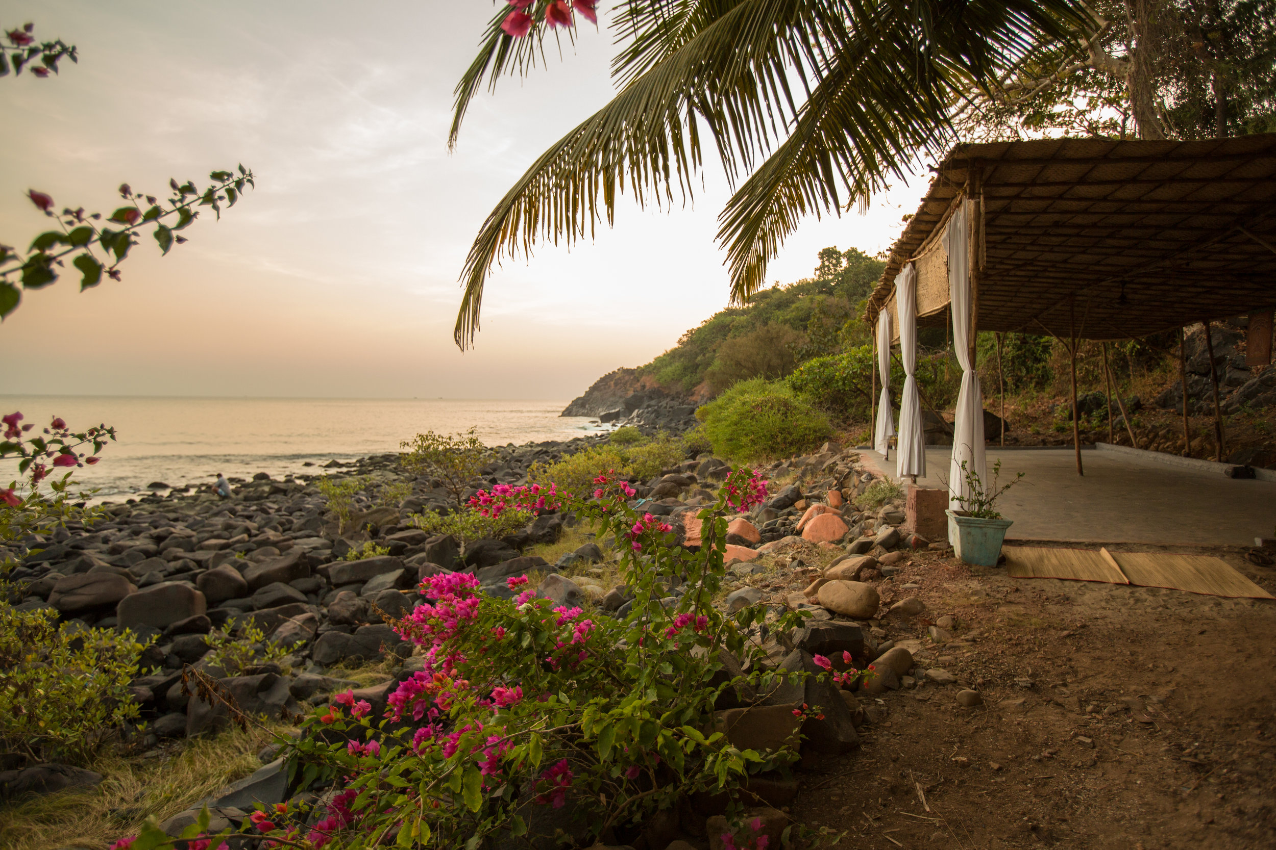Yoga Explorers yoga retreat in South Goa - thatched roof, sea view shala